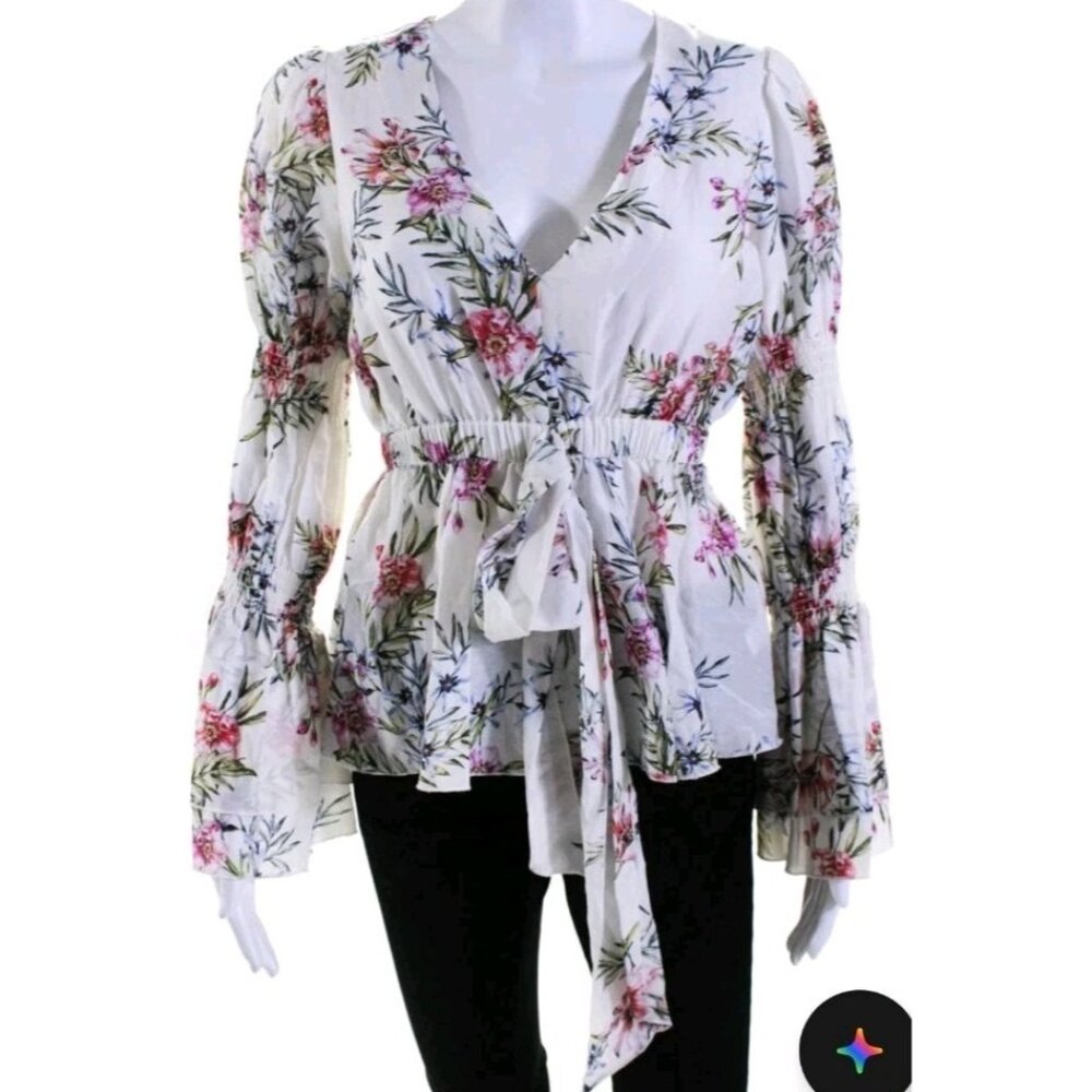 Intermix Deep V-Neck Long Bell Sleeves Elastic Waist Floral Blouse Size Small